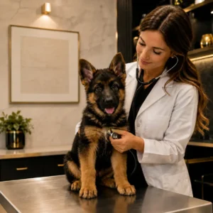 German Shepherd puppy vet check vaccines and deworming