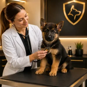 German Shepherd puppy vet check vaccines and deworming before going home