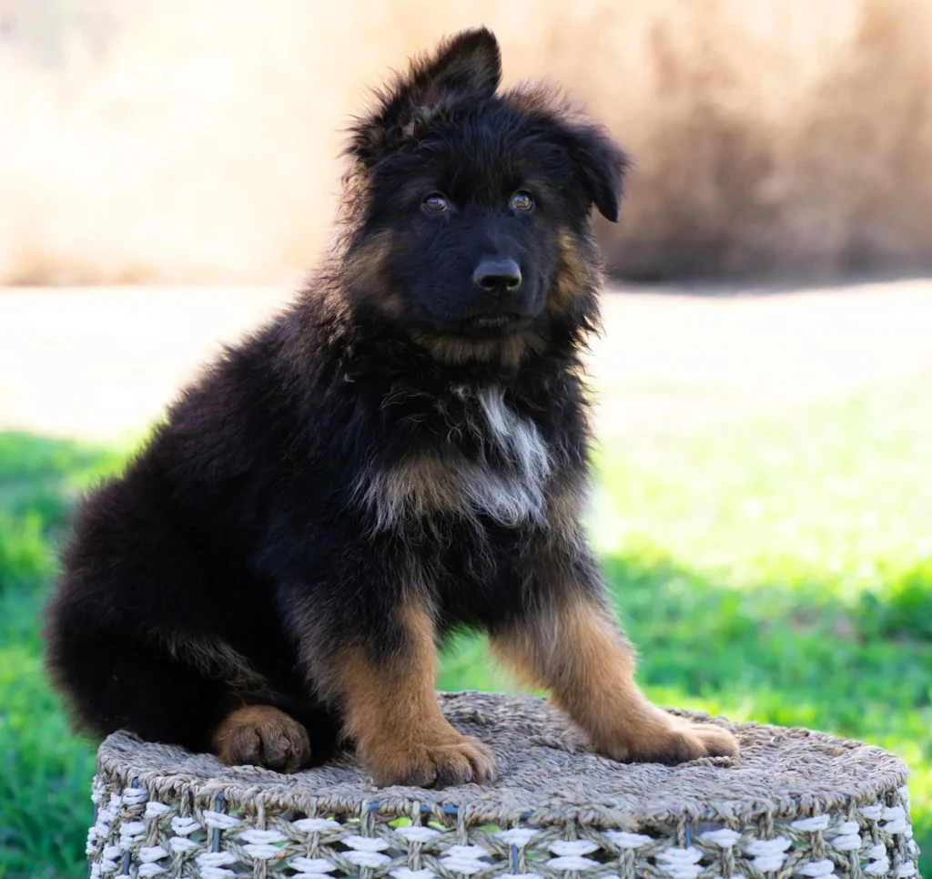 Black and Tan German Shepherd puppy sitting on the woven basket