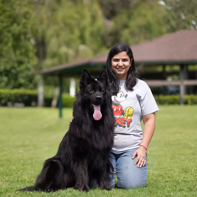 Royal Tribes K9 breeder kneeling beside an adult black long haired German Shepherd outdoors.