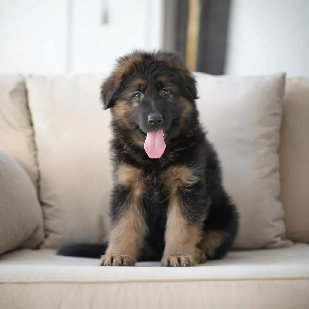 Luxor Black and Tan Long Coat German Shepherd Puppy standing portrait 04 by Royal Tribes K9 in Valley Village, California
