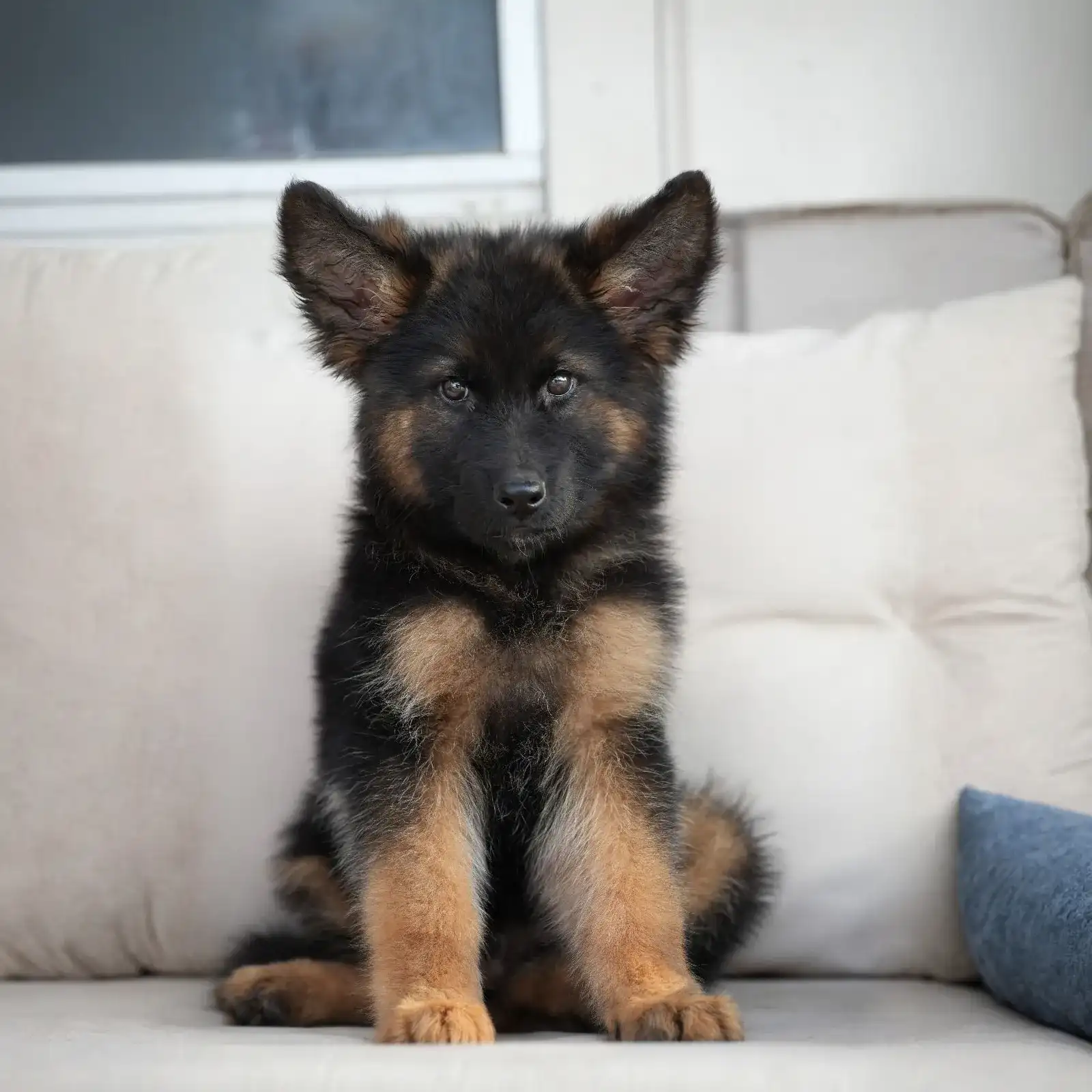 Black and red German Shepherd puppy sitting on a white sofa